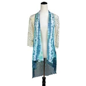 Vintage Concept Teal Cream Burnout Mixed Print Tie Dye Sheer Cardigan Kimono